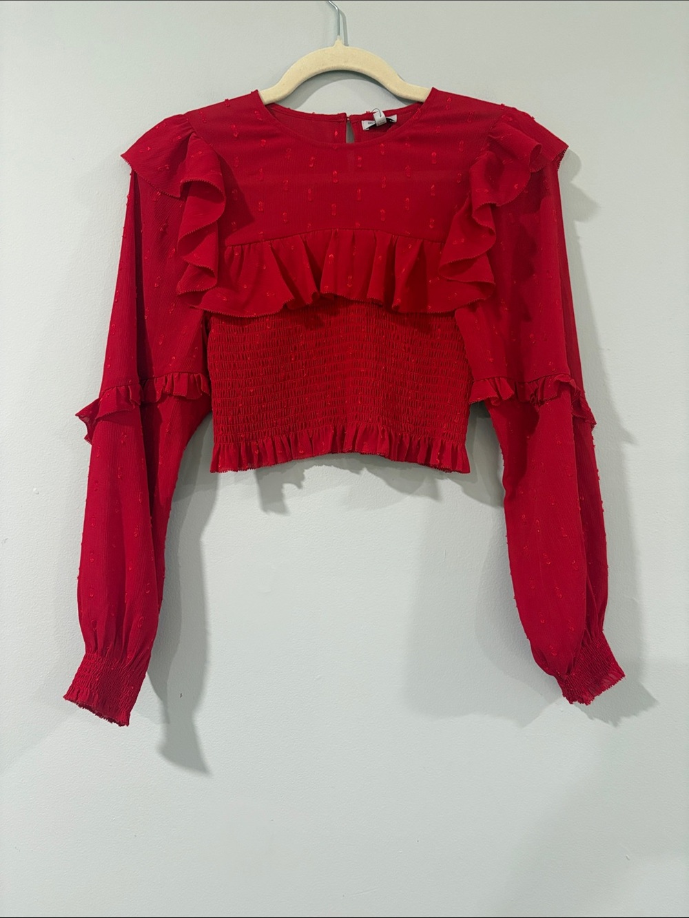 BLUE LIFE RED RUFFLE -SMOCKED LONG SLEEVE CROP TOP SIZE/XS